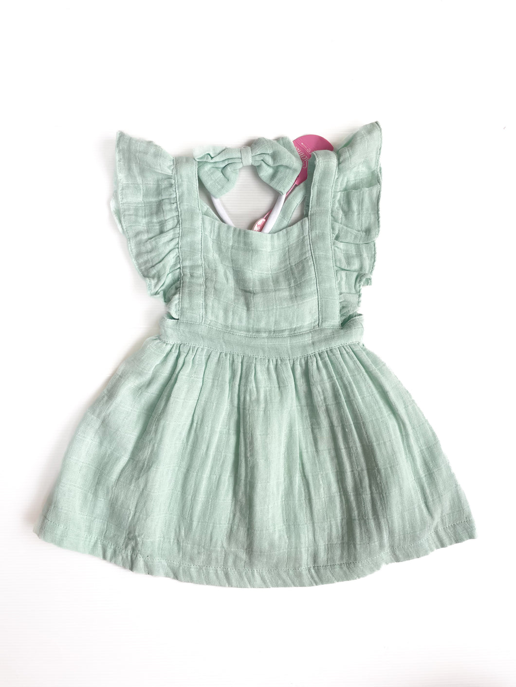 La Sienna muslin flutter pinafore & matching bow NEW (1Y)